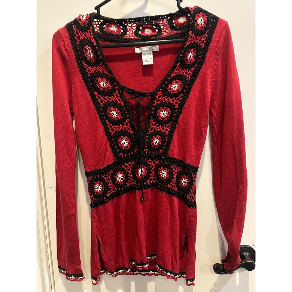 WD·NY Red Crochet Lace Up Top Long Sleeve Boho Floral Medallion Beaded Small